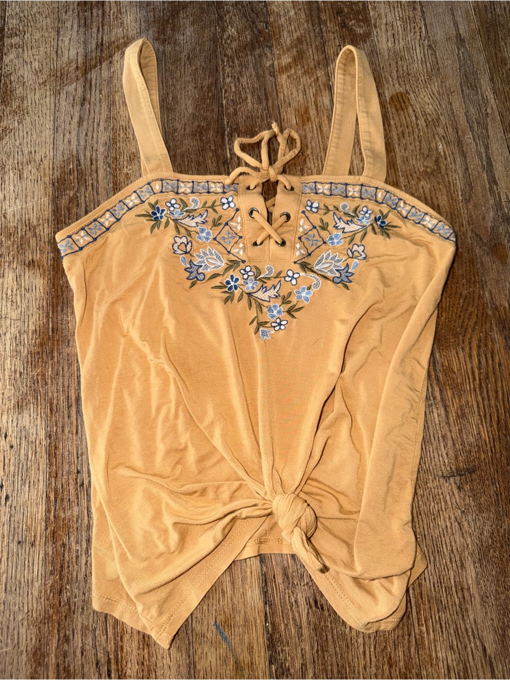 Embroidered Lace-Up Mustard Tank Top